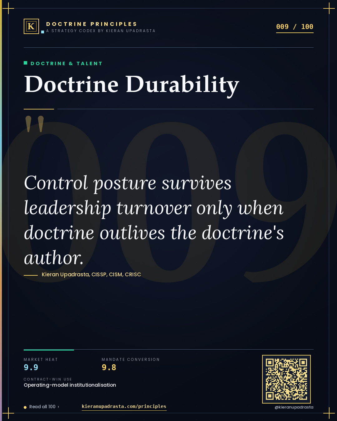 Principle 009: Doctrine Durability — Doctrine & Talent doctrine card by Professor Kieran Upadrasta, CISSP CISM CRISC, Schiphol University