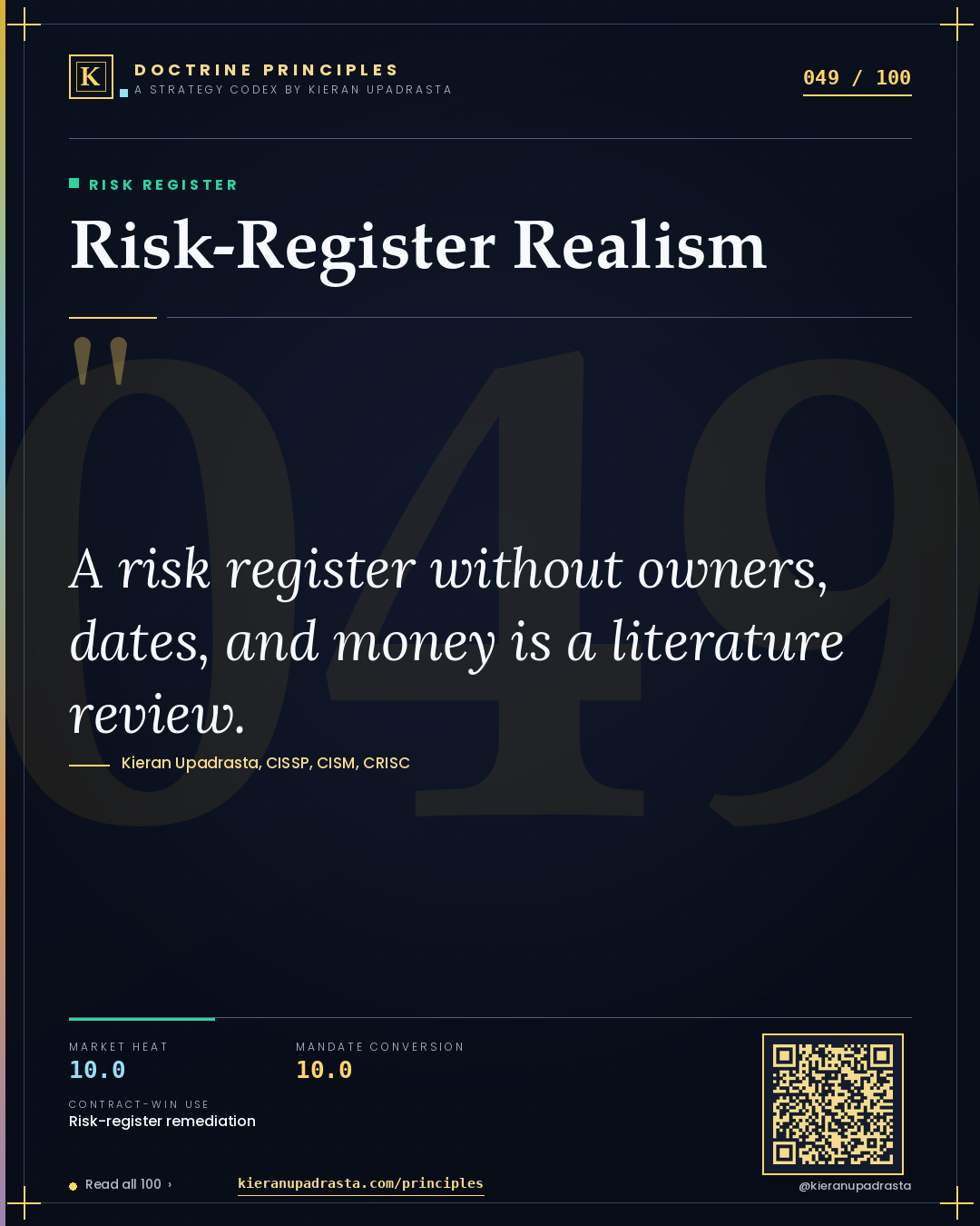 Principle 049: Risk-Register Realism — Risk Register doctrine card by Professor Kieran Upadrasta, CISSP CISM CRISC, Schiphol University