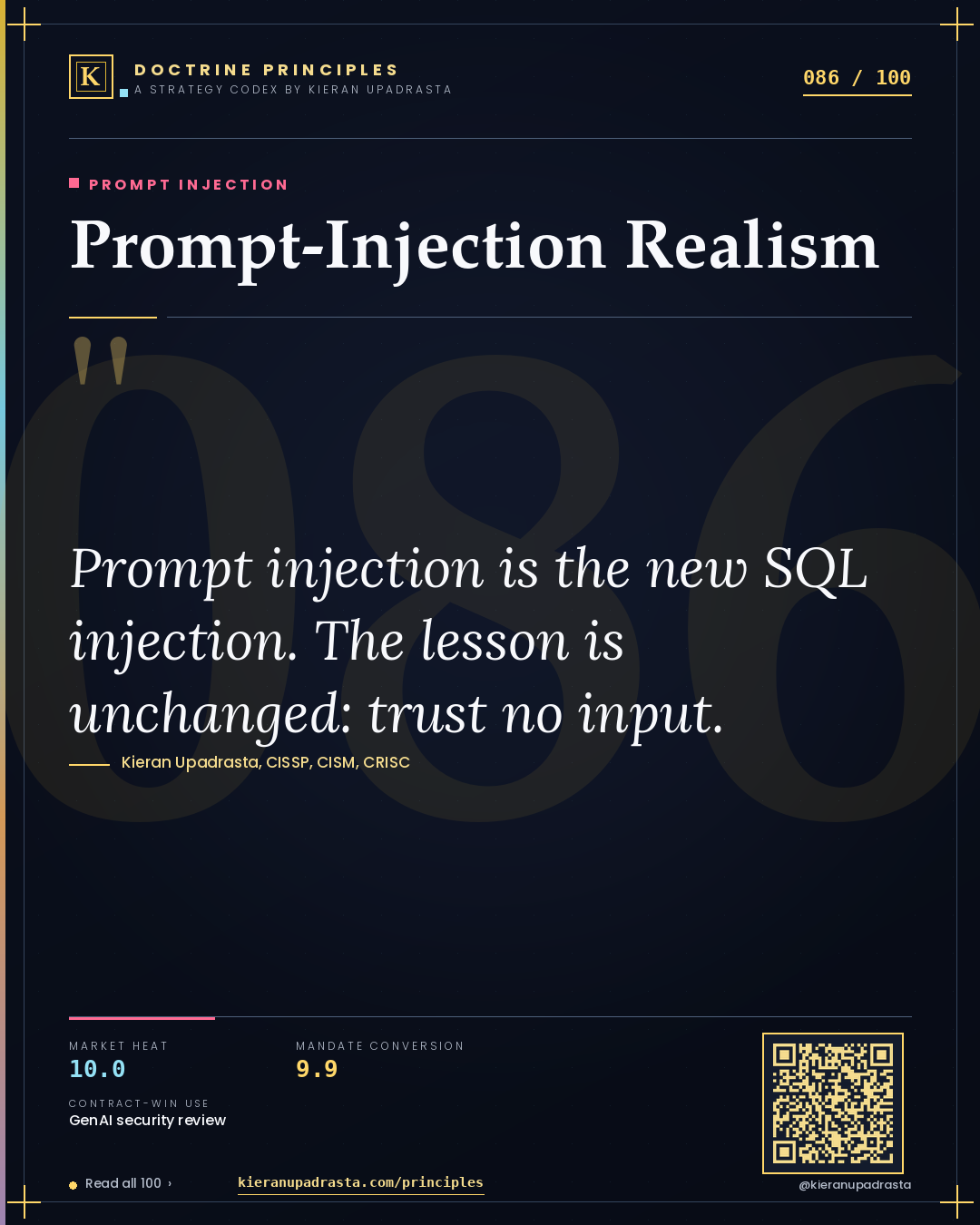 Principle 086: Prompt-Injection Realism — Prompt Injection doctrine card by Professor Kieran Upadrasta, CISSP CISM CRISC, Schiphol University
