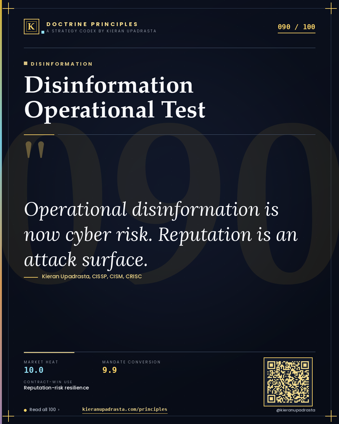 Principle 090: Disinformation Operational Test — Disinformation doctrine card by Professor Kieran Upadrasta, CISSP CISM CRISC, Schiphol University