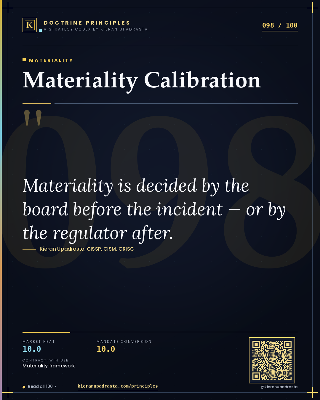 Principle 098: Materiality Calibration — Materiality doctrine card by Professor Kieran Upadrasta, CISSP CISM CRISC, Schiphol University